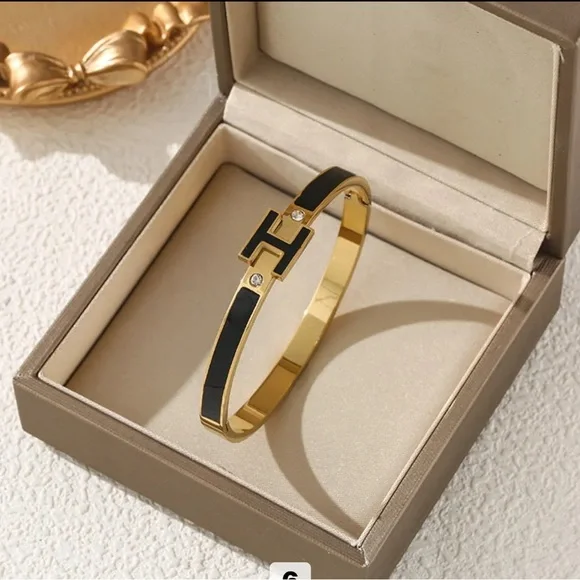 Enamel Letter H Bangle Bracelet - Picture 5 of 10